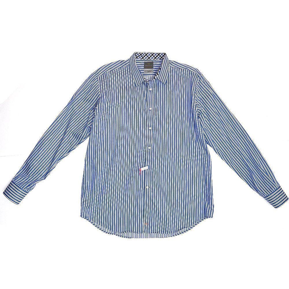 TD THOMAS DEAN Men's XL 100% Pima Cotton Tailored Fit Blue White Striped Shirt